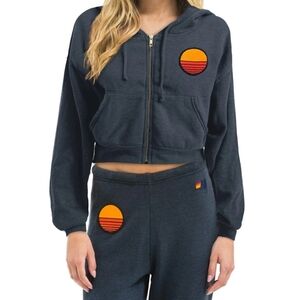 Aviator Nation  Cropped Navy Zip Hoodie and Jogger Set with Orange Sunset Patch